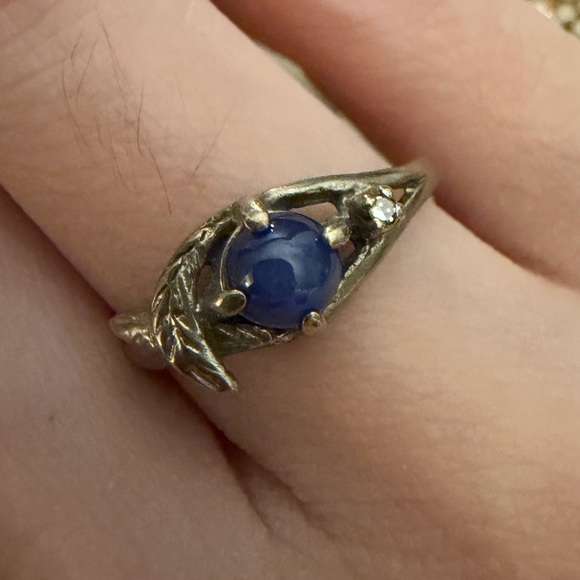 10kt solid white gold 4.6mm blue star sapphire natural diamond leaf ring sz 6.5 - Picture 6 of 13